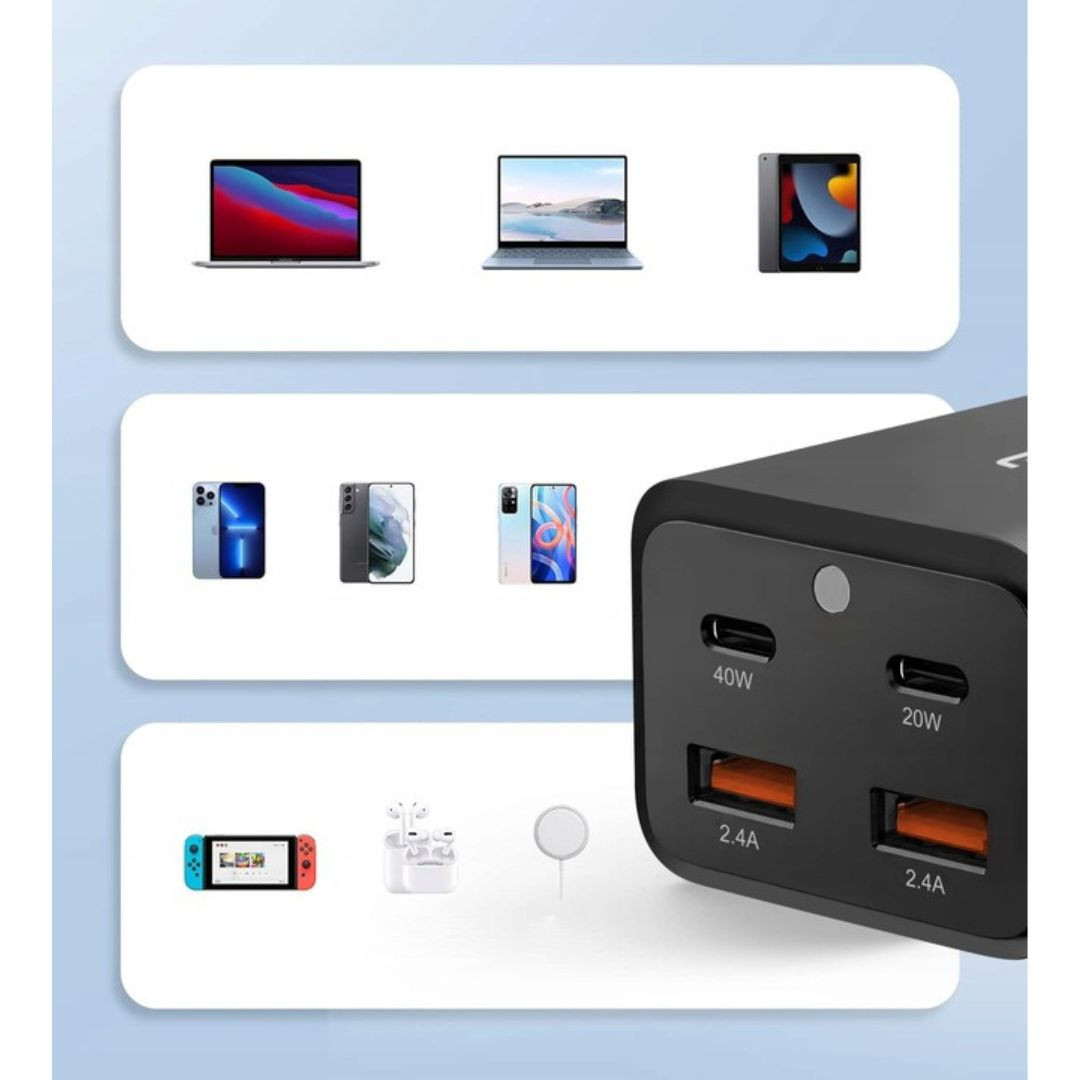 Polnilna postaja QC 3.0 PD 20W / PD40W 2x USB + 2x USB-C 2,4A 80W