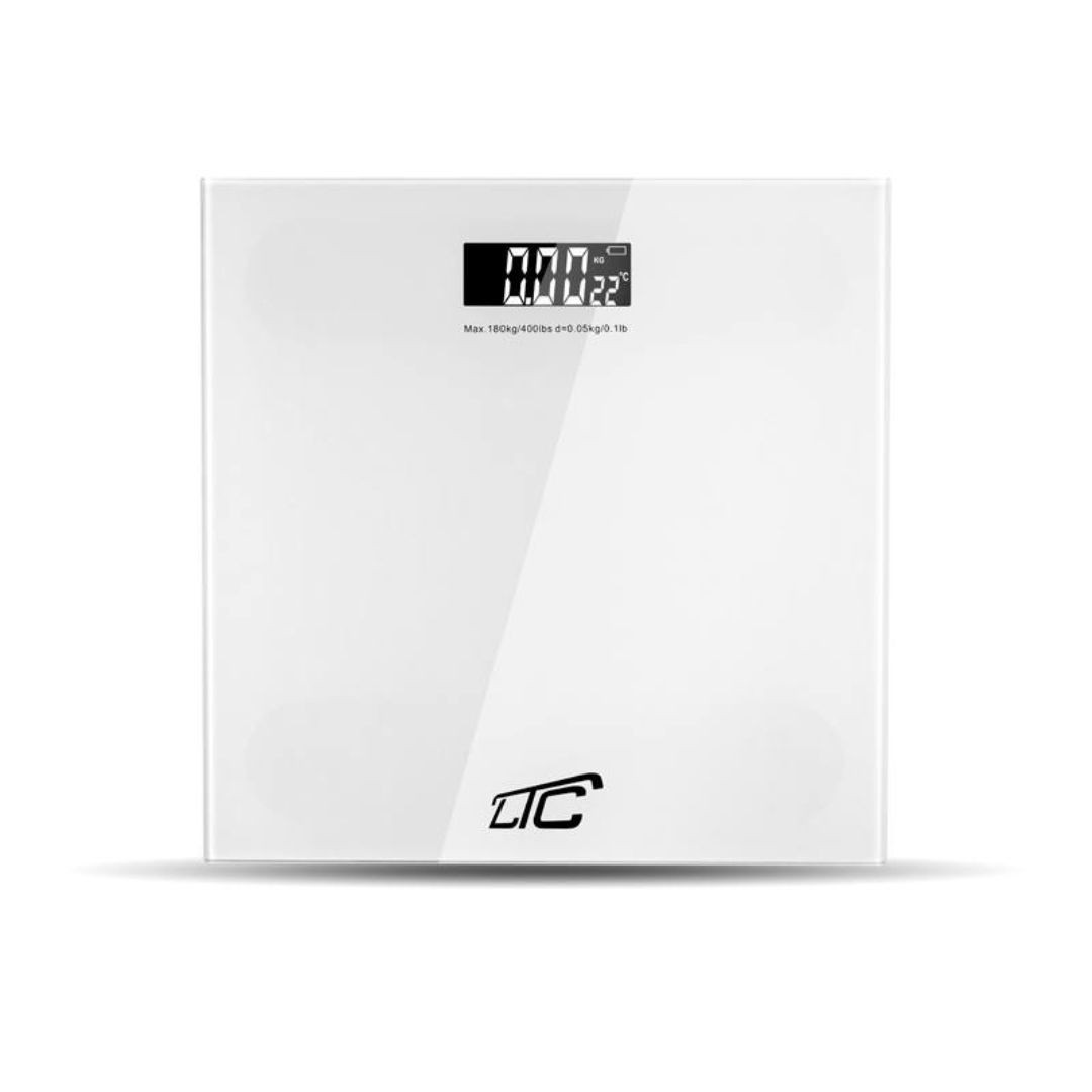 Osebna tehtnica max. 180kg 50g steklena z LCD zaslonom bela