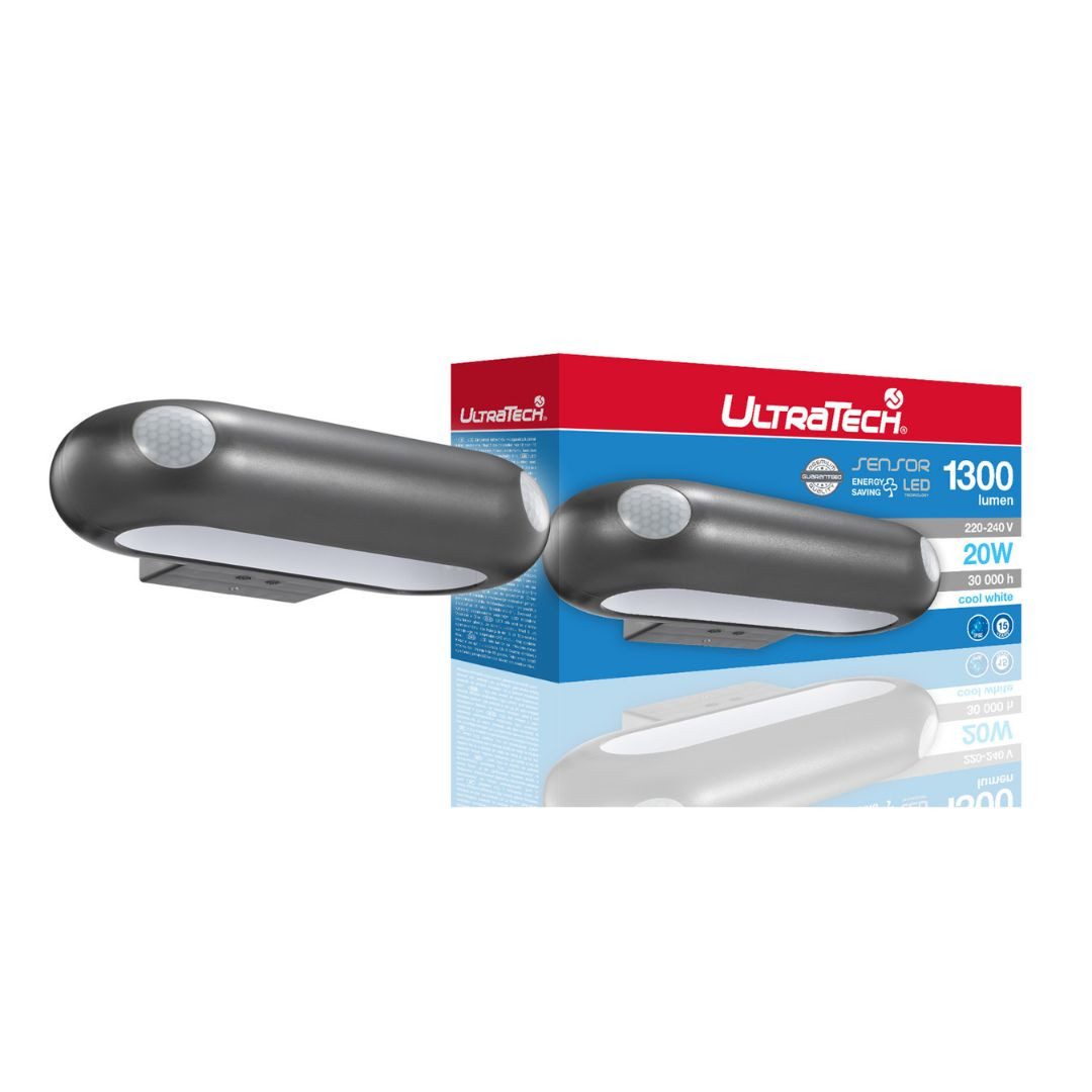 LED zunanja dvosmerna svetilka gor/dol IP65 s PIR senzorjem gibanja 18W 1200lm 4000K siva