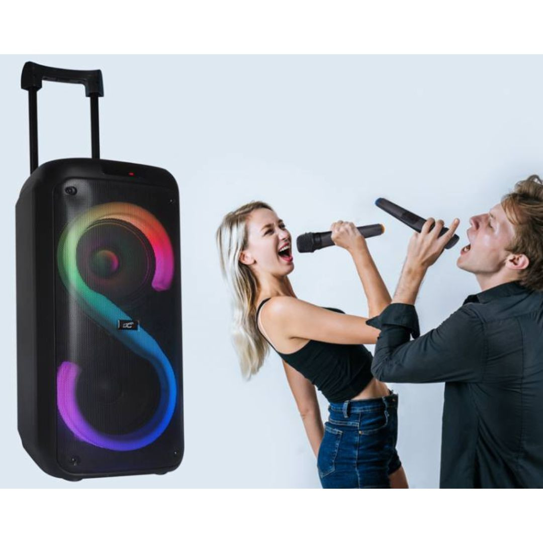 Prenosni bluetooth zvočnik 2x8" 400W z 2 mikrofonoma in RGB LED osvetlitvijo USB/SD/AUX 7200mAh