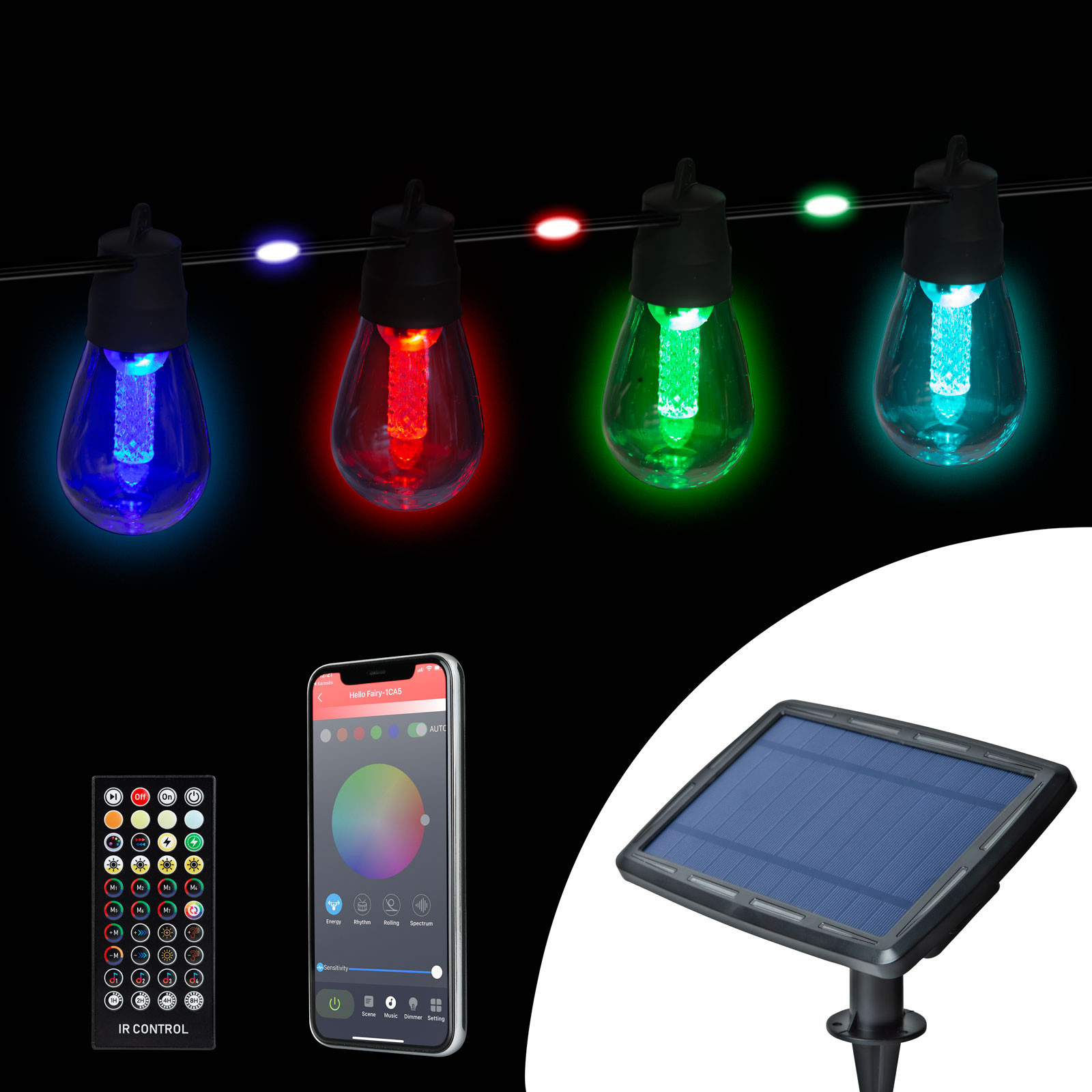 LED bluetooth solarni niz v obliki žarnic 84 RGB LED + 15  toplo / hladno belih LED 15m