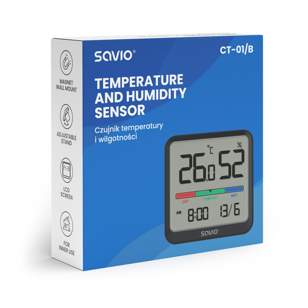 Digitalni merilnik temperature in vlage z LCD zaslonom in magnetnim nosilcem črn