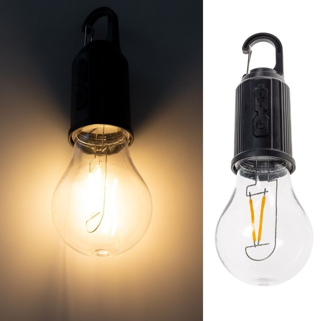 Polnilna LED svetilka v obliki žarnice s karabinom 3000K USB-C