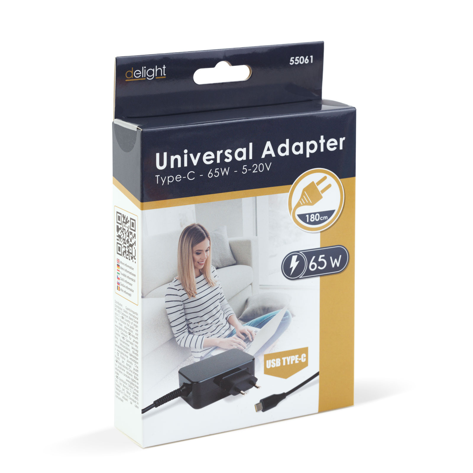 Napajalnik USB-C 65W 5-20V 1,8 m črn