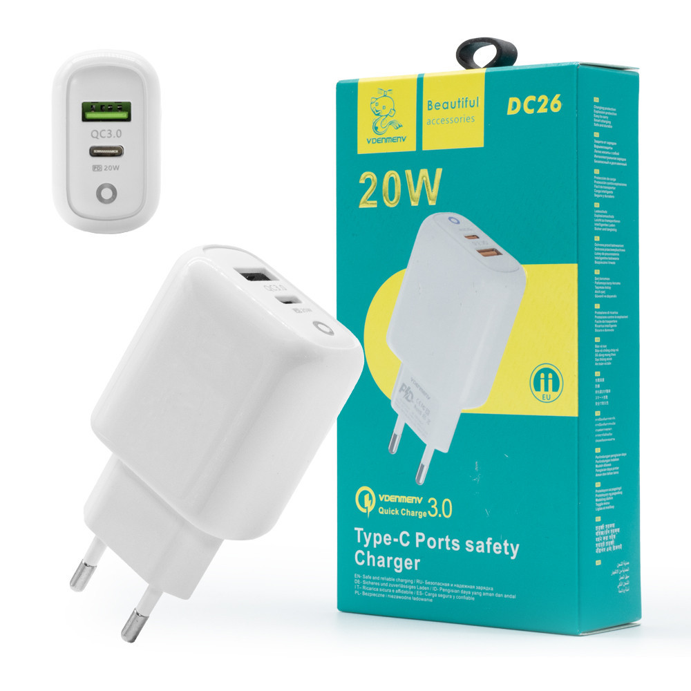 Omrežni polnilec dvojni USB + USB-C 20W + 20W PD+QC3.0