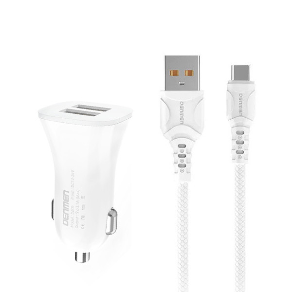 Avtopolnilec 2x USB 3.1A 15W QC3.0 + USB-C kabel 3100mA hitro polnjenje bel