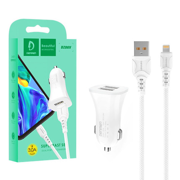 Avtopolnilec 2x USB 3.1A 15W QC3.0 + lightinng kabel 3100mA hitro polnjenje bel