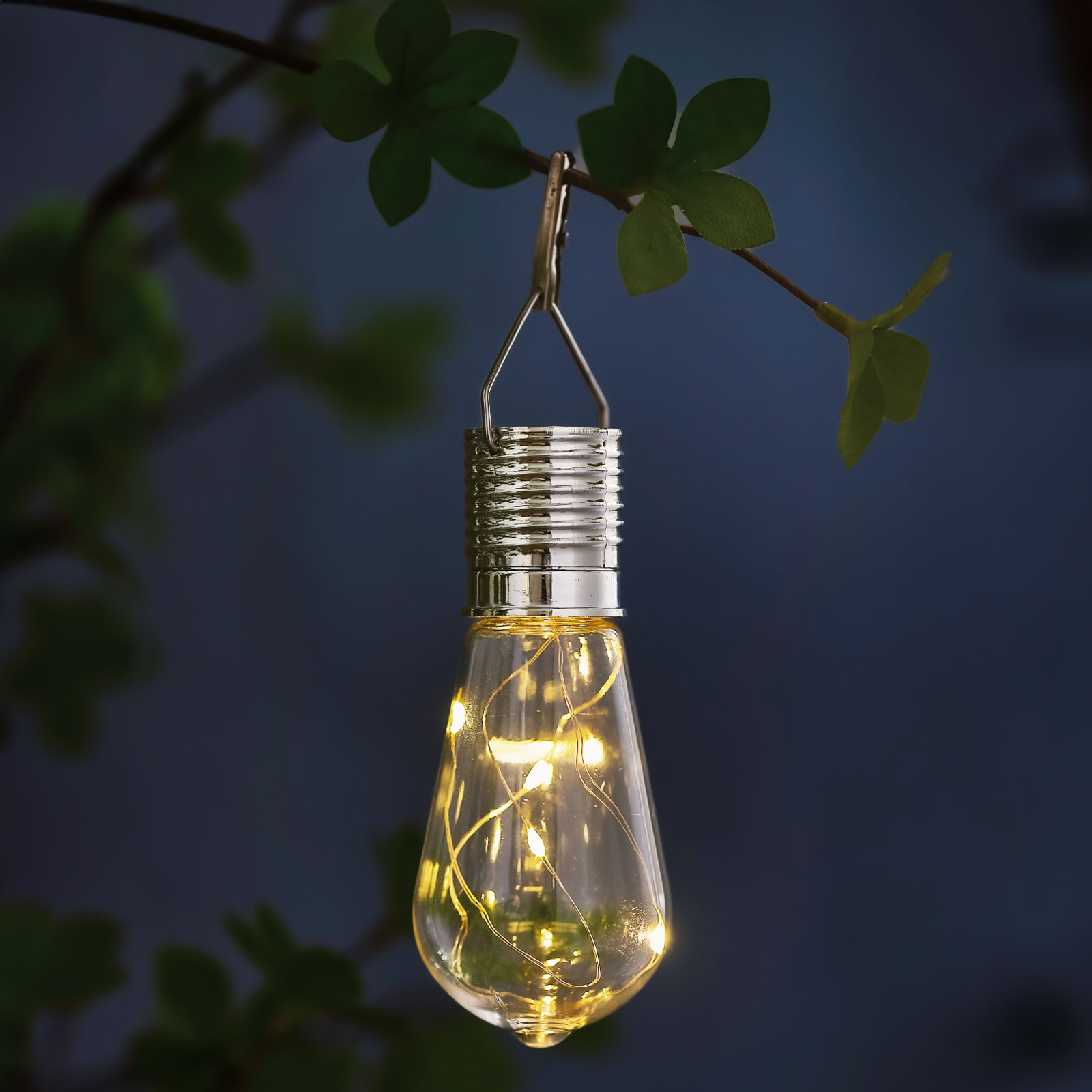 Viseča solarna svetilka v obliki žarnice 4 toplo bele LED diode 4,7 x 11cm