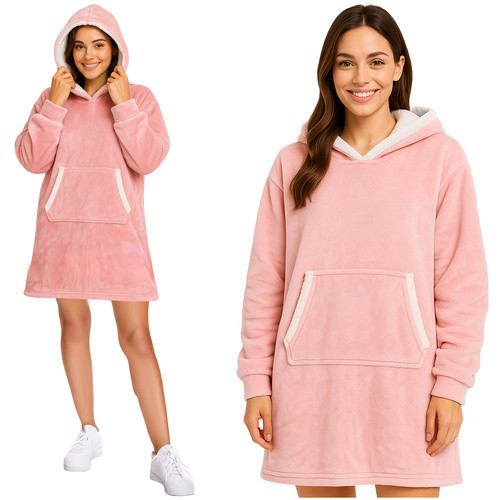 Topla pulover odeja s kapuco in rokavi - hoodie odeja roza