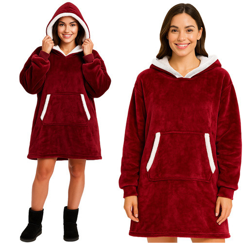 Topla pulover odeja s kapuco in rokavi - hoodie odeja rdeča