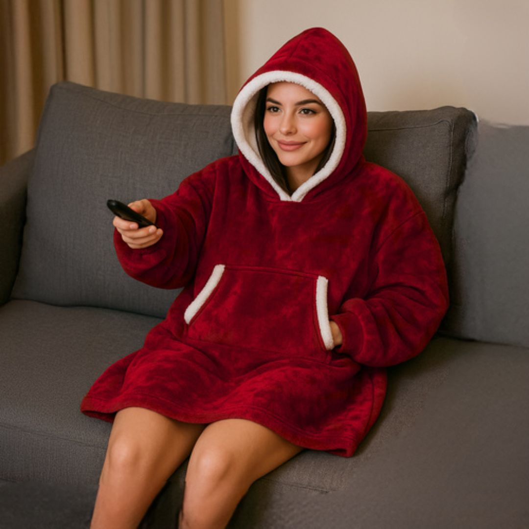 Topla pulover odeja s kapuco in rokavi - hoodie odeja rdeča