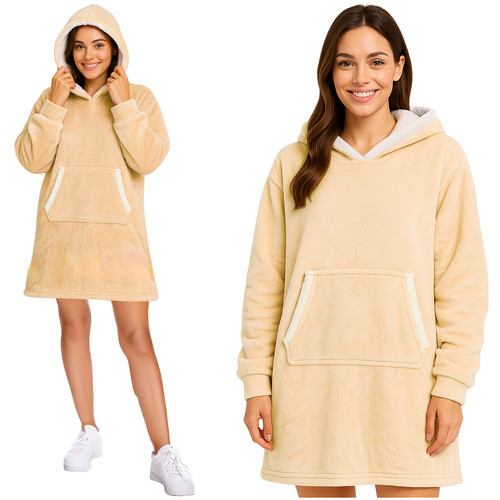 Topla pulover odeja s kapuco in rokavi - hoodie odeja bež
