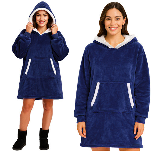 Topla pulover odeja s kapuco in rokavi - hoodie odeja  mornarsko modra