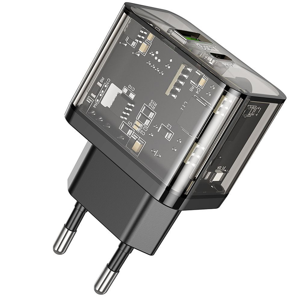 Polnilec za telefon Hoco USB A + USB C QC3.0 PD 3A 20W N34 prozoren