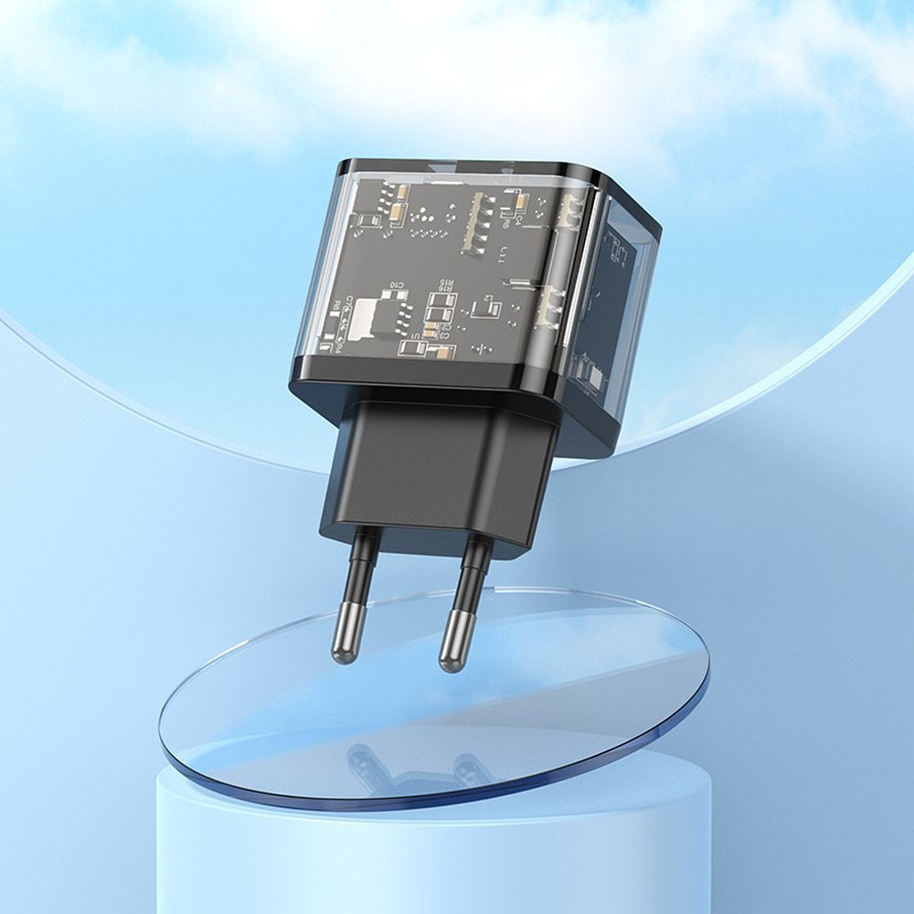 Polnilec za telefon Hoco USB A + USB C QC3.0 PD 3A 20W N34 prozoren
