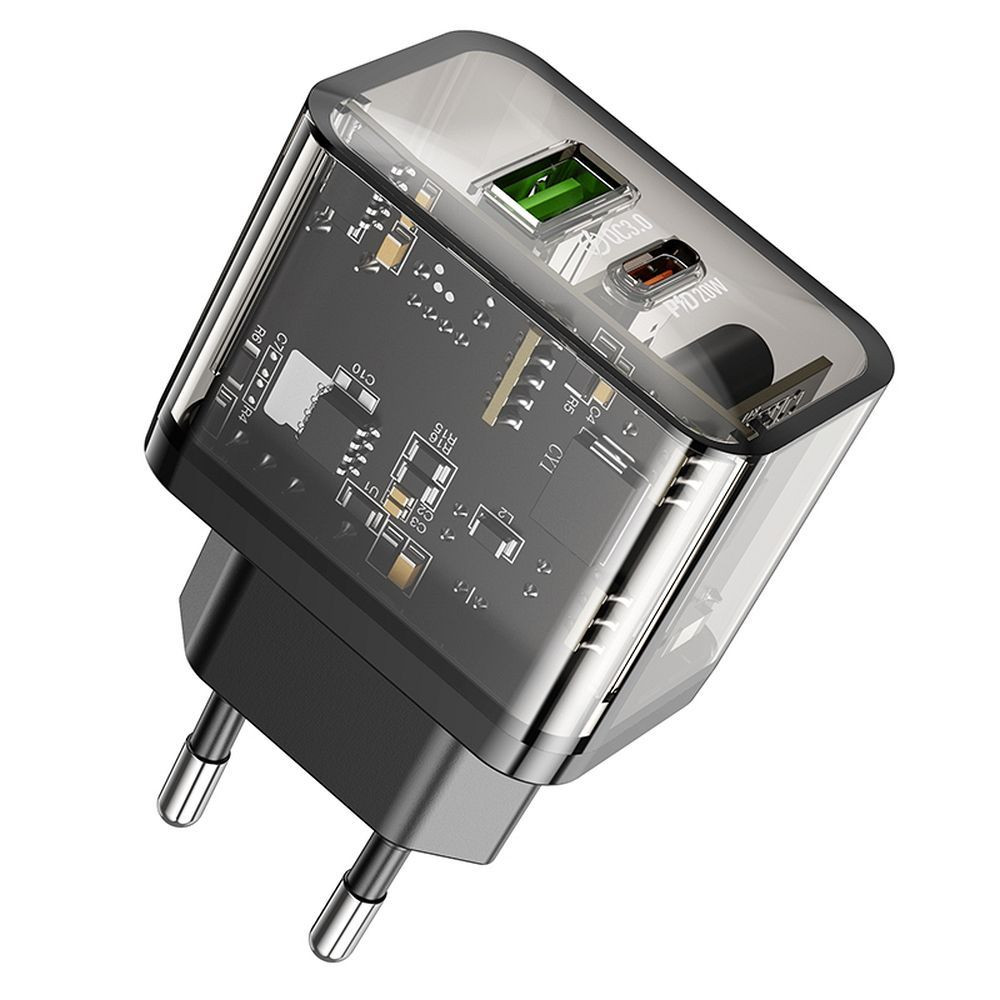 Polnilec za telefon Hoco USB A + USB C QC3.0 PD 3A 20W N34 prozoren