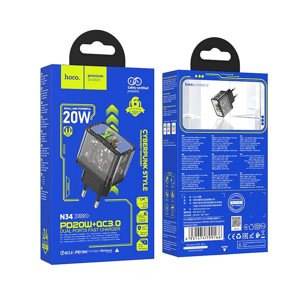 Polnilec za telefon Hoco USB A + USB C QC3.0 PD 3A 20W N34 prozoren