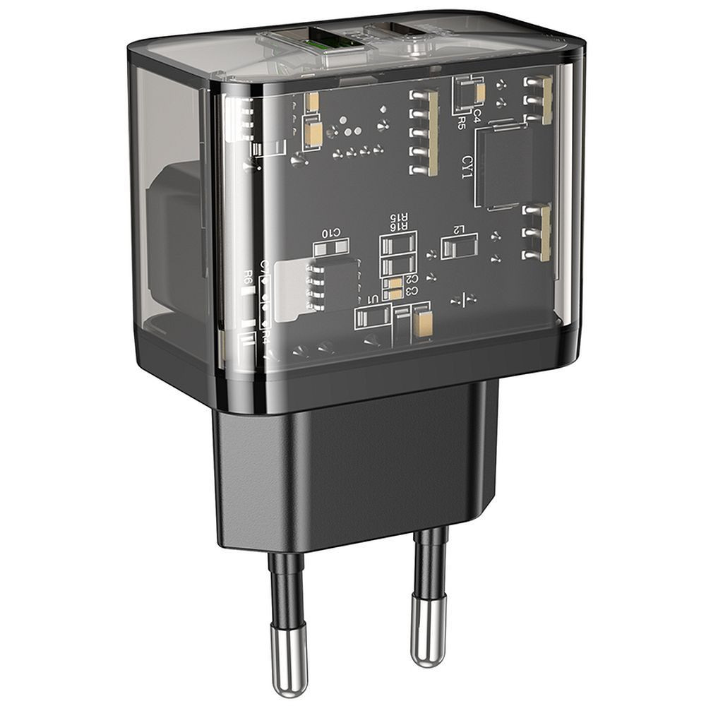 Polnilec za telefon Hoco USB A + USB C QC3.0 PD 3A 20W N34 prozoren