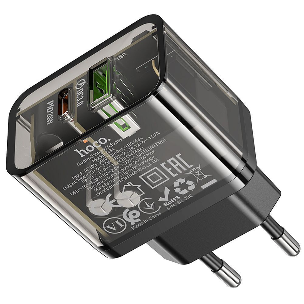 Polnilec za telefon Hoco USB A + USB C QC3.0 PD 3A 20W N34 prozoren