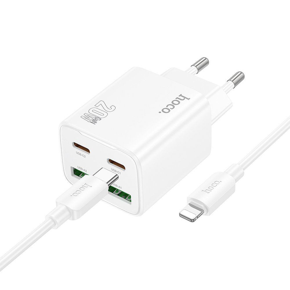 Polnilec za telefon Hoco 2 x USB C + 2 x USB A QC3.0 PD 3A 20W + kabel USB C to Lightning N55 bela