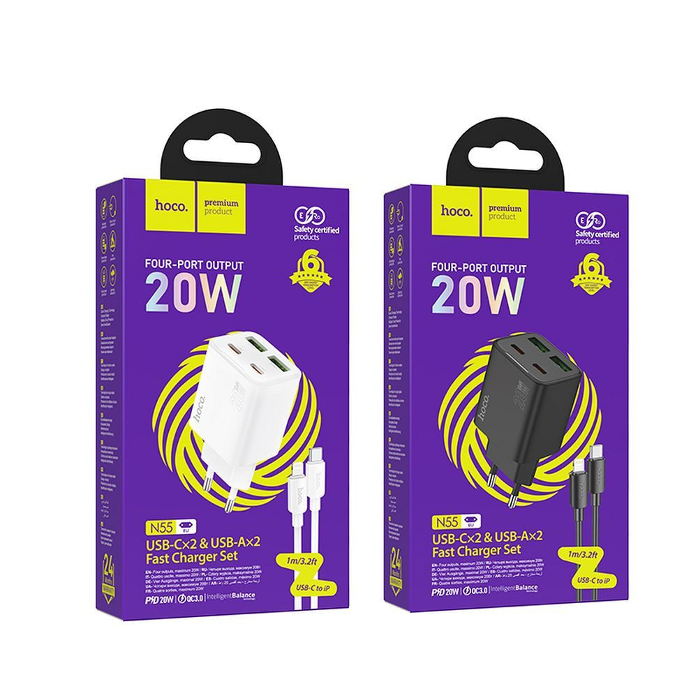 Polnilec za telefon Hoco 2 x USB C + 2 x USB A QC3.0 PD 3A 20W + kabel USB C to Lightning N55 bela