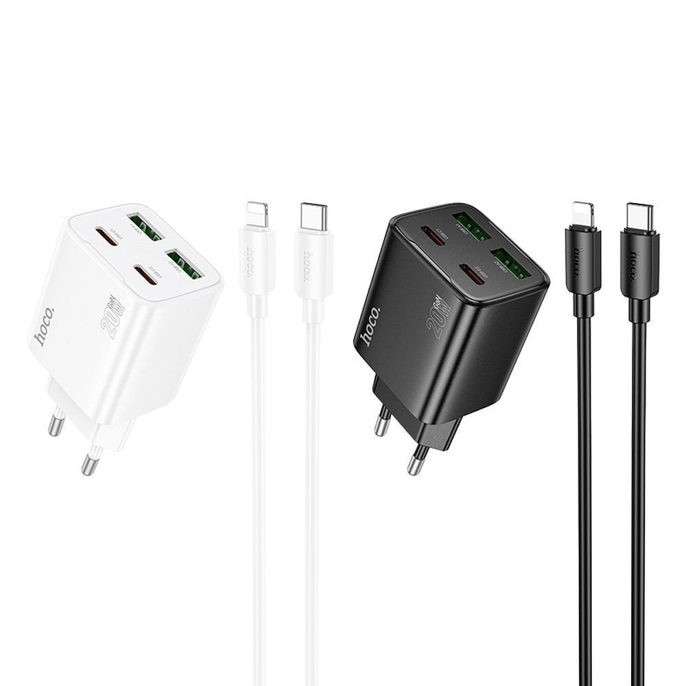 Polnilec za telefon Hoco 2 x USB C + 2 x USB A QC3.0 PD 3A 20W + kabel USB C to Lightning N55 bela