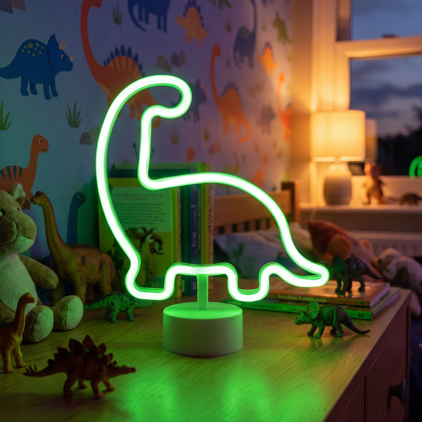 Neon LED svetilka dinozaver (zelena barva) 3x AA + USB 25.9 x 8.5 x 43.3cm