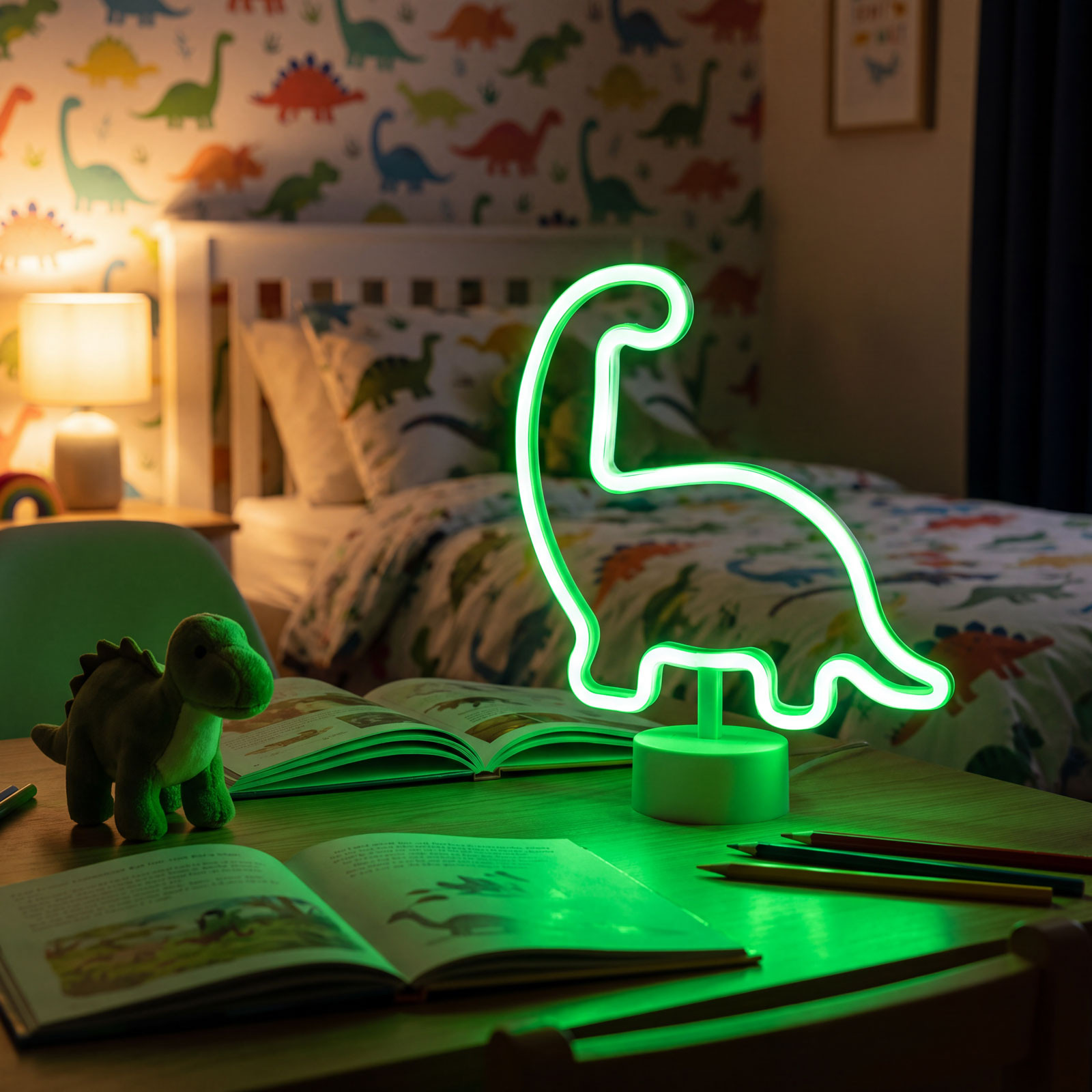 Neon LED svetilka dinozaver (zelena barva) 3x AA + USB 25.9 x 8.5 x 43.3cm