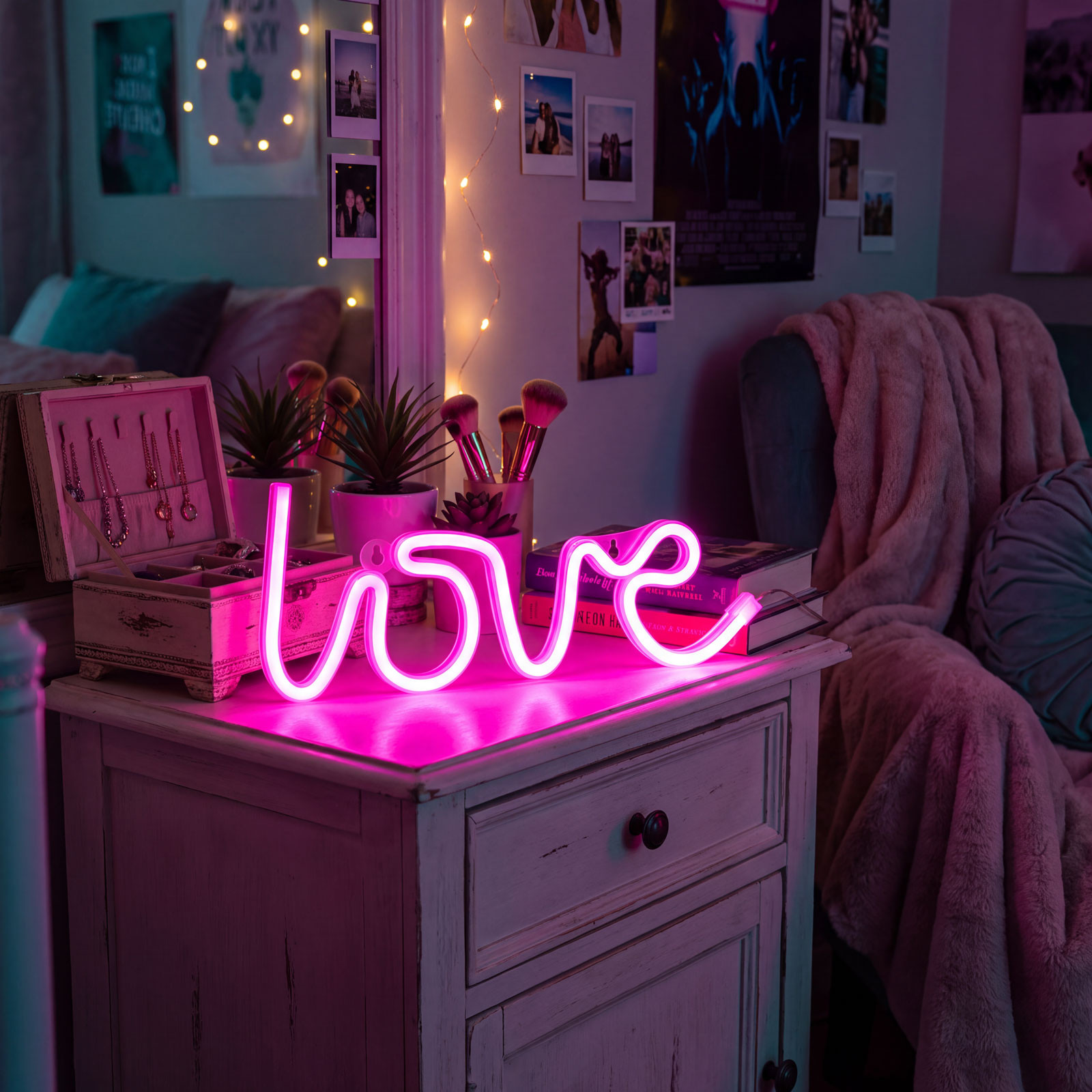 Neon LED svetilka love (roza barva) 3x AA + USB 34 x 1.6 x 12.5cm