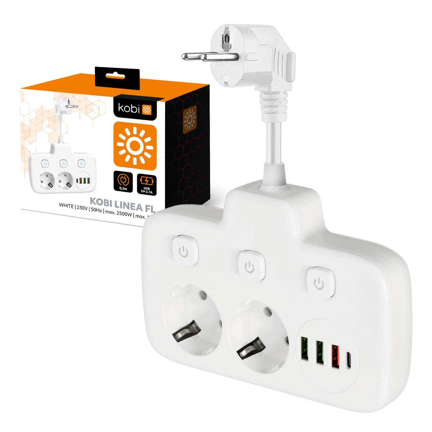 Podaljšek z razdelilcem 2 vtičnici + 3 USB + 1USB-C 0,2m bel
