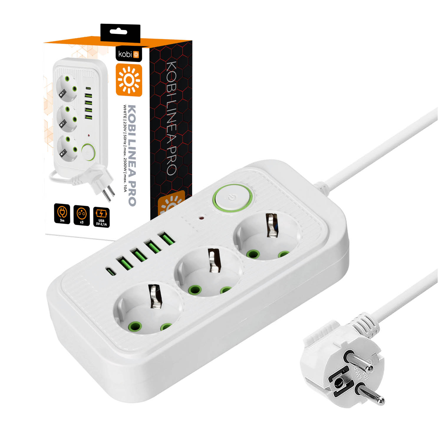 Podaljšek z razdelilcem 3 vtičnice + 4 USB + 1 USB-C 3m bel