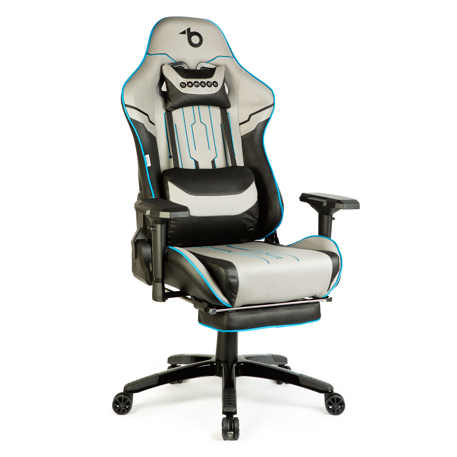 Igričarski gamerski stol z blazino – siva/črna/modra – 84 x 52 / 48 x 50 cm