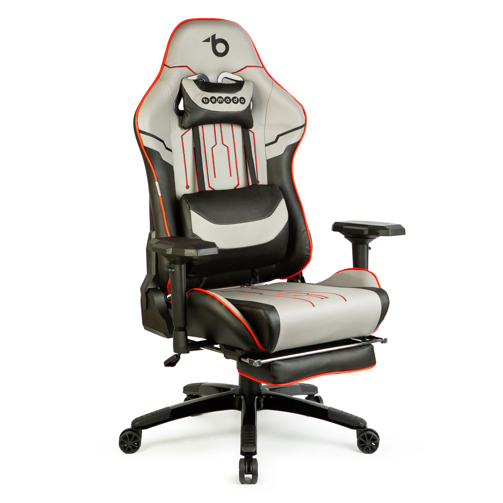 Igričarski gamerski stol z blazino – siva/črna/rdeča – 84 x 52 / 48 x 50 cm