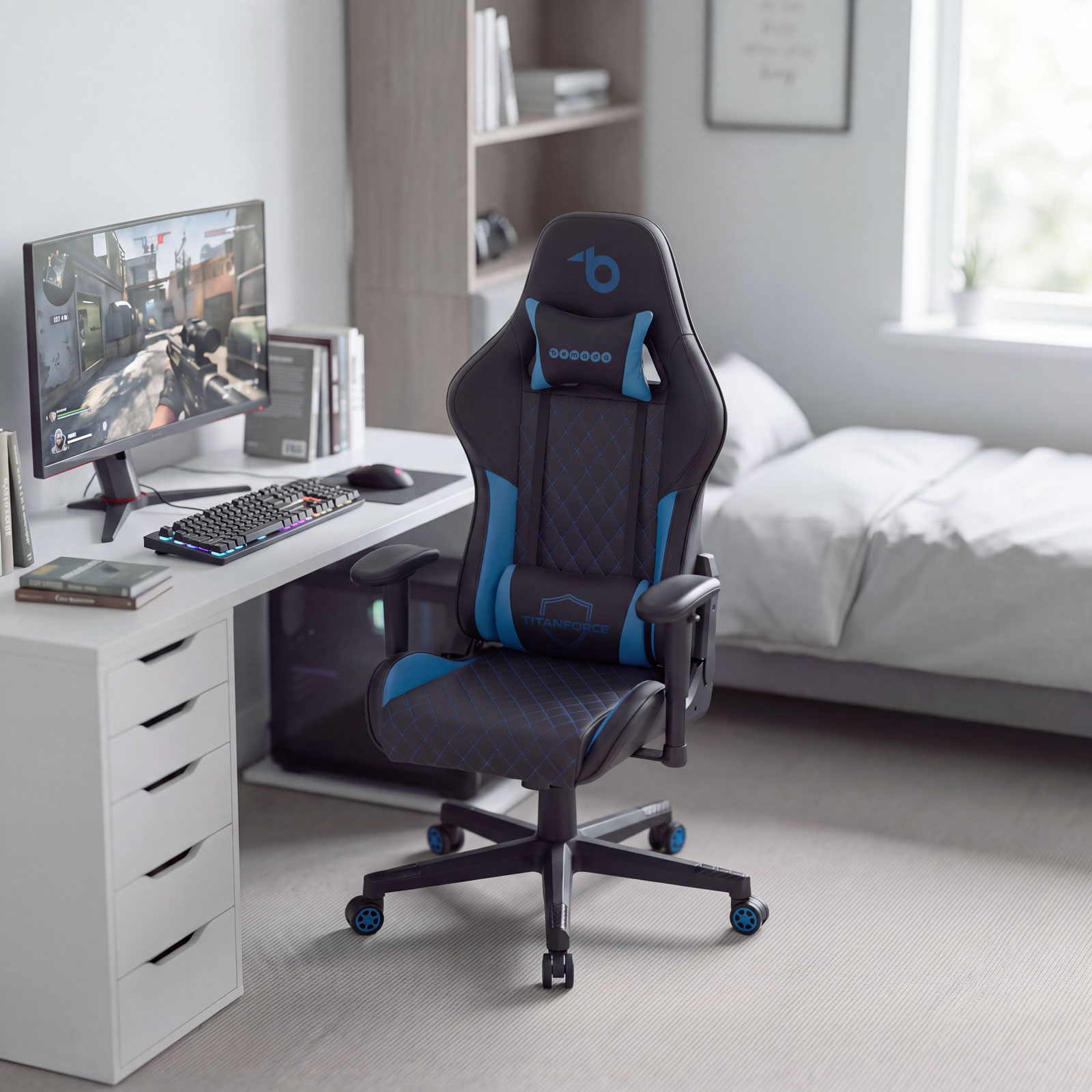 TitanForce gaming chair with cushions - black/blue - 122 x 65 x 53 cm