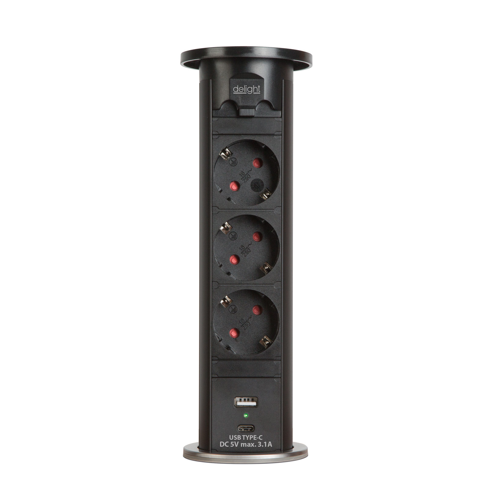 Izvlečni motorizirani razdelilec 3 vtičnice + 2x USB (3,1 A) črn