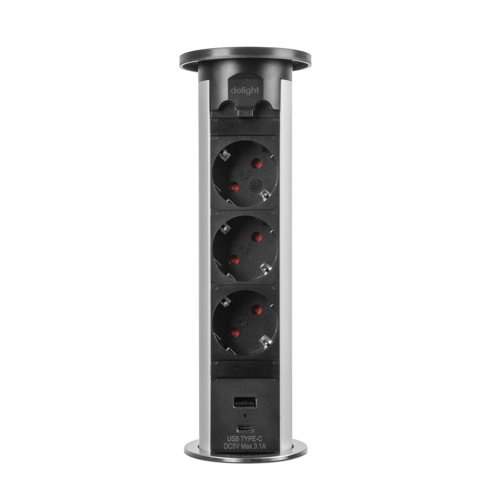 Izvlečni motorizirani razdelilec 3 vtičnice + 2x USB (3,1 A) srebrn
