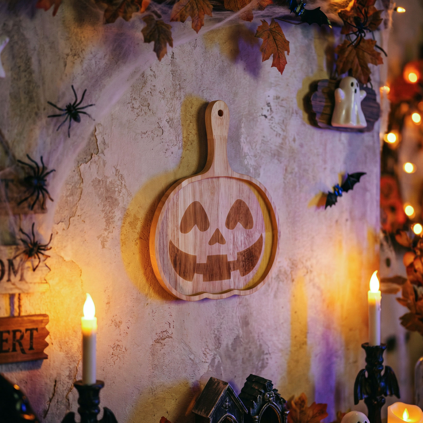 Lesena servirna deska z ročajem za noč čarovnic - Halloween v obliki buče
